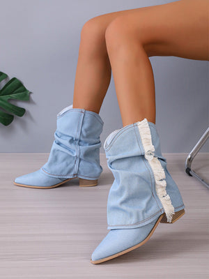 Fringe Point Toe Denim Boots