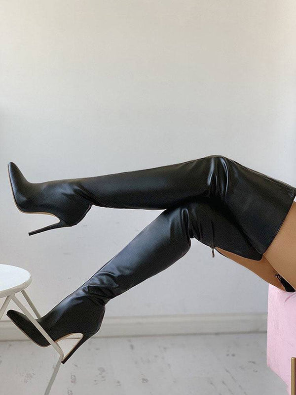 PU Zipper Stiletto Heeled Over Knee Boots