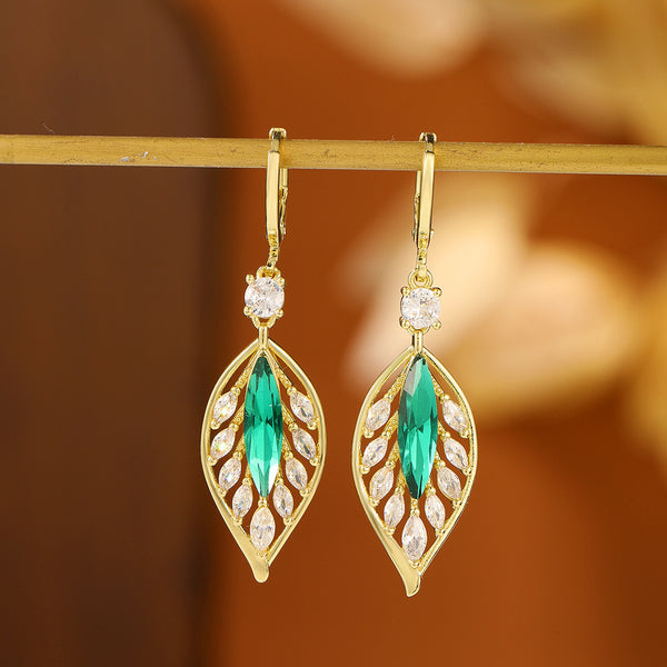 Vintage Gold Branch Jade Leaf Earrings