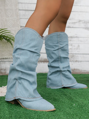 Point Toe Denim Chunky Boots