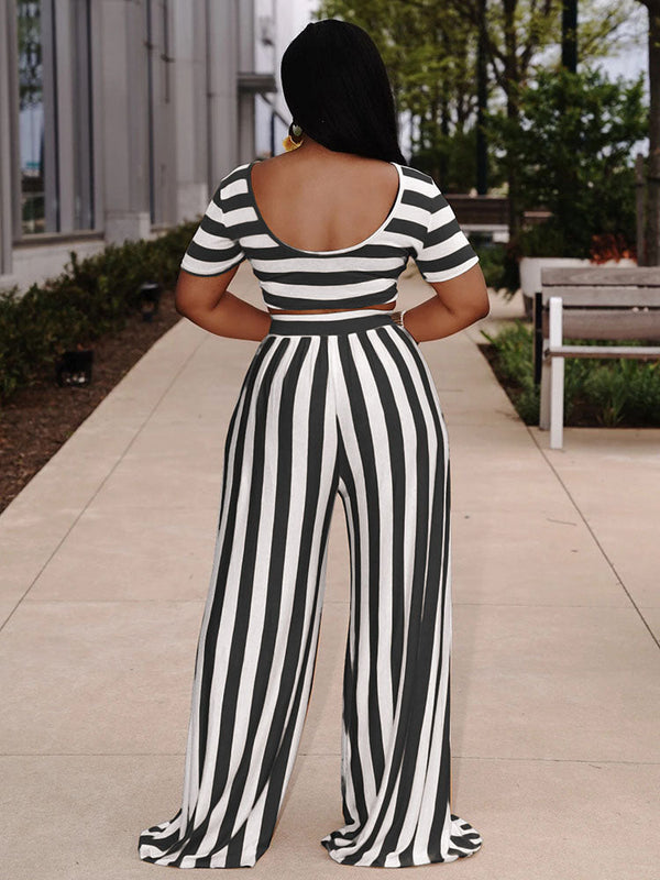 Striped Crop Top Wide Leg Pants Set