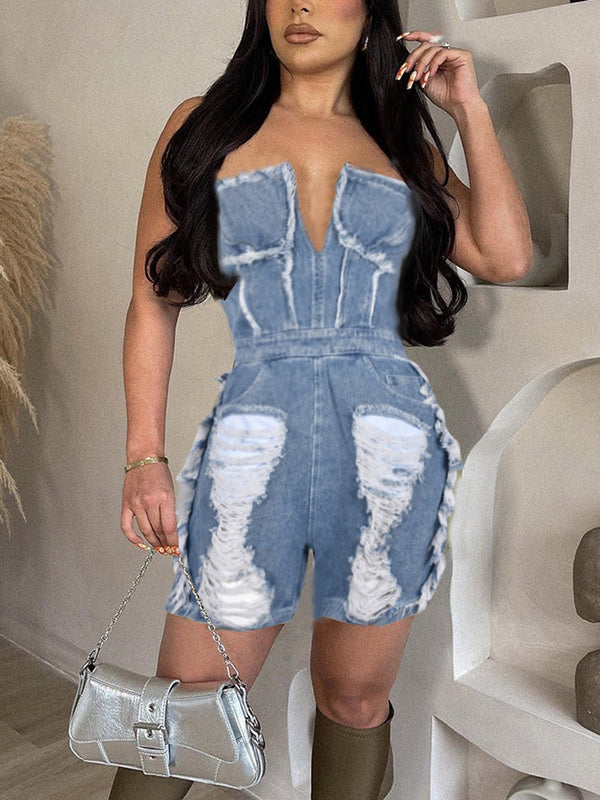 Ripped Strapless Denim Romper