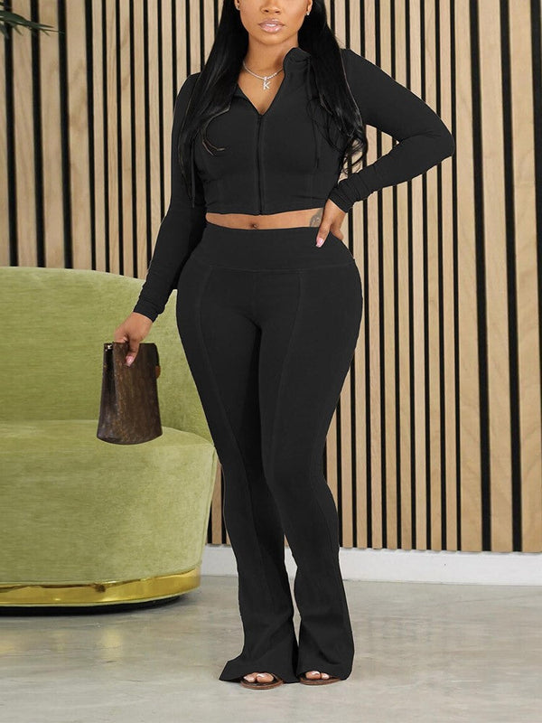 Solid Zip Top & Slit Pants Set