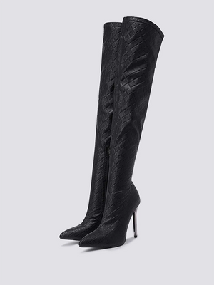 Embossed Heel Over The Knee Boots