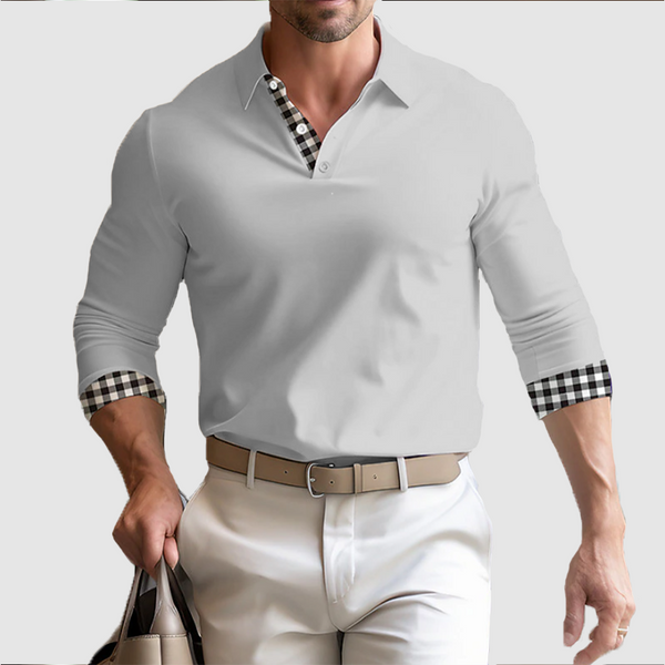 Men's fall long sleeve men's lapel loose plaid POLO top