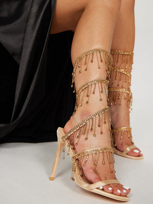 Embellished Fringe Wrap Heels