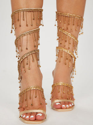 Embellished Fringe Wrap Heels