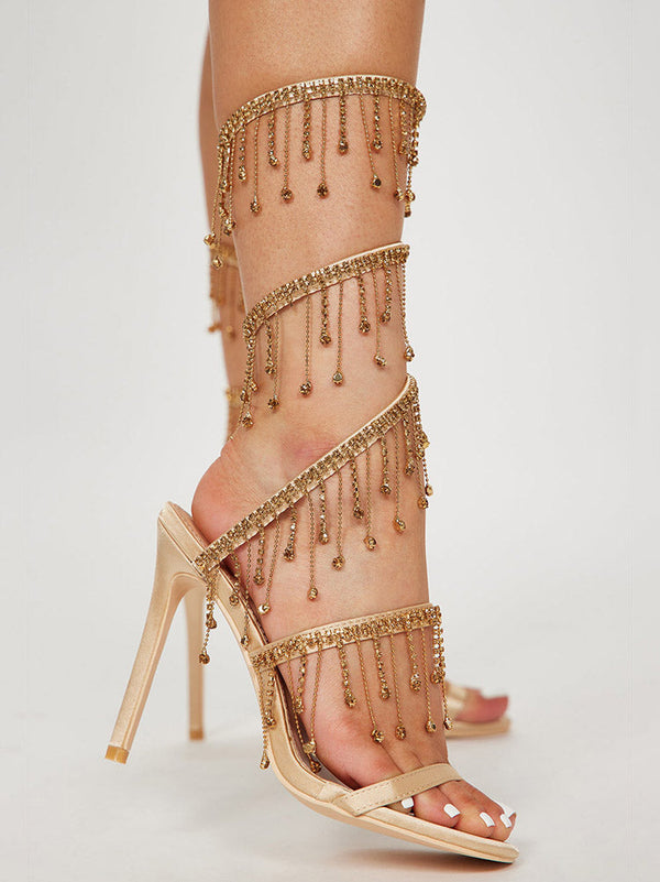 Embellished Fringe Wrap Heels
