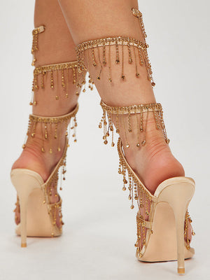 Embellished Fringe Wrap Heels