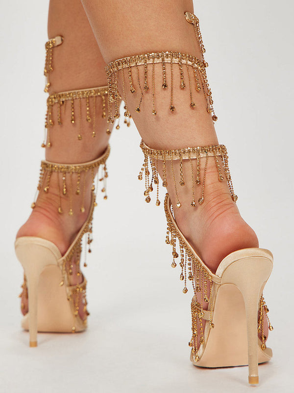 Embellished Fringe Wrap Heels