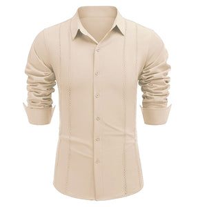 Men's Comfortable Breathable Cuban Casual Button Up Long Sleeve Beach Linen Shirt