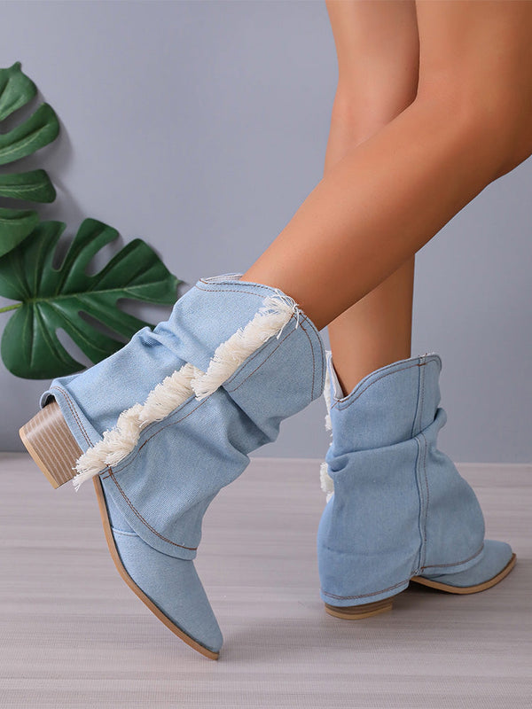 Fringe Point Toe Denim Boots