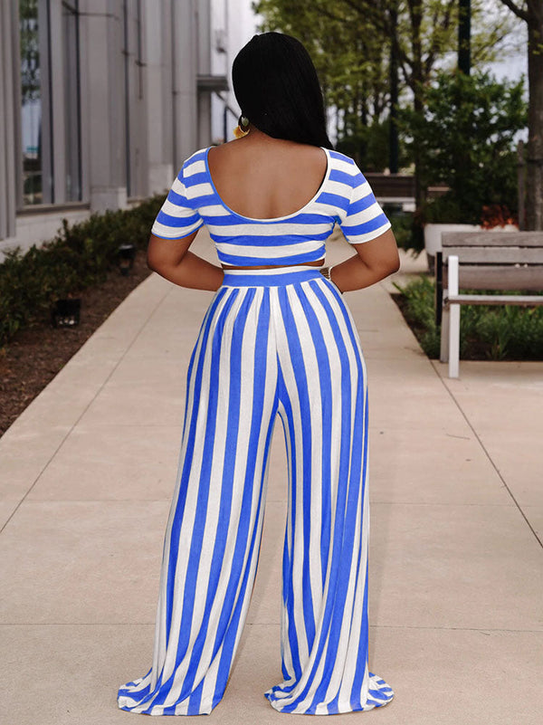 Striped Crop Top Wide Leg Pants Set