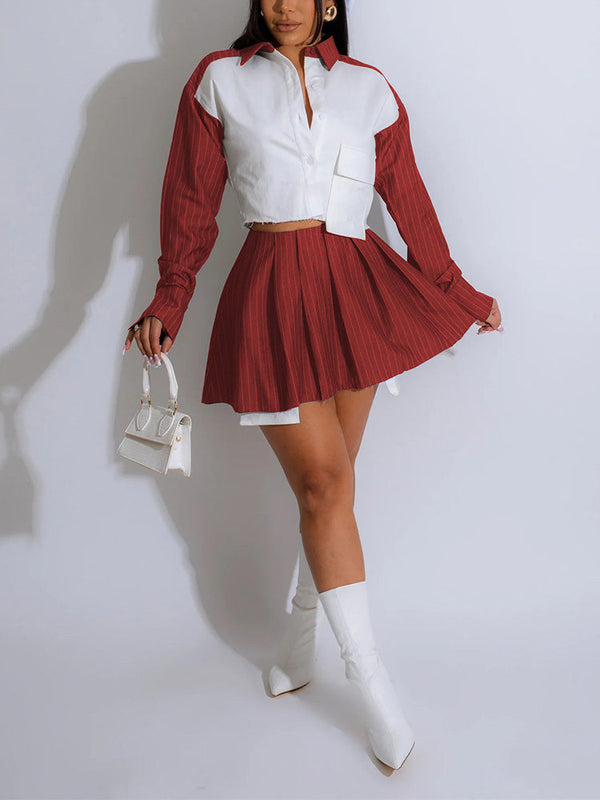 Striped Shirt Pleated Skirt Set