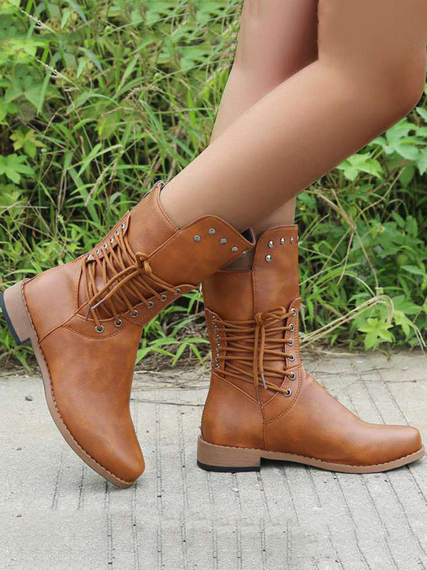 Lace-up PU Studded Boots