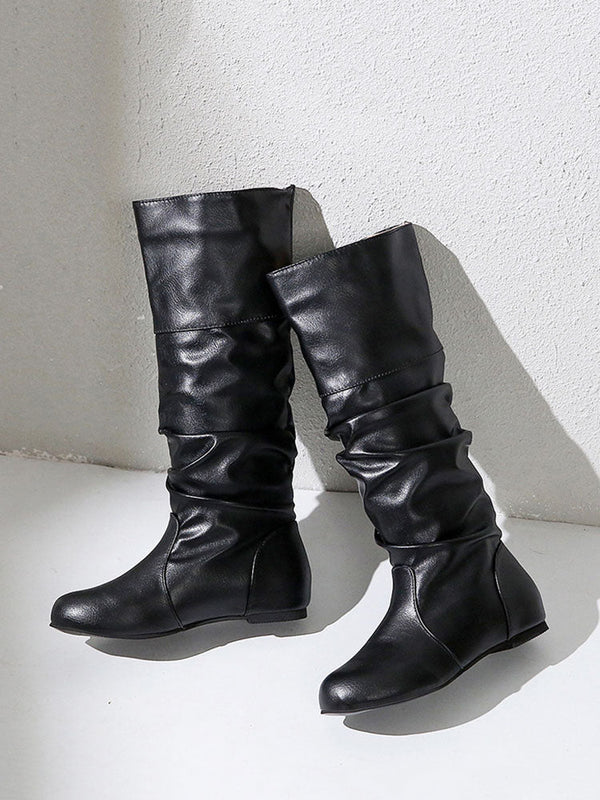 Solid Pleated Flat Heel Boots