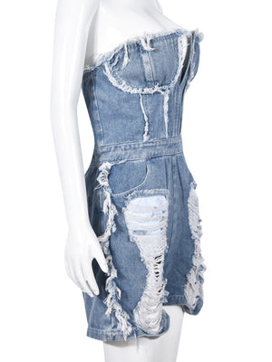 Ripped Strapless Denim Romper