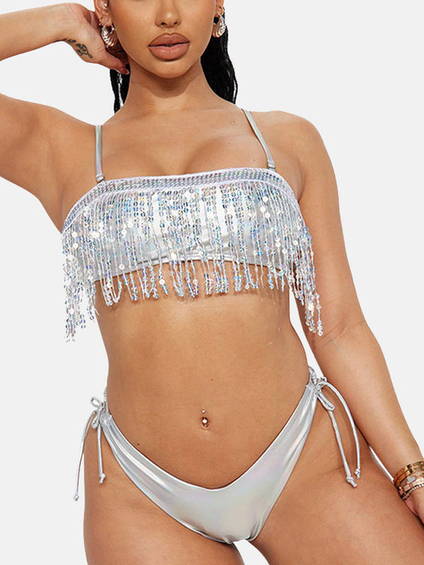 Sequins Metallic Tassels Bikini Set