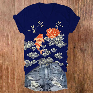 Japanese Style Koi Fish Dragonfly Wave Art Print V-neck T-shirt