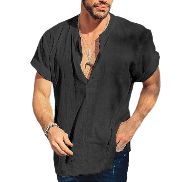 Men's round neck linen short sleeve shirt