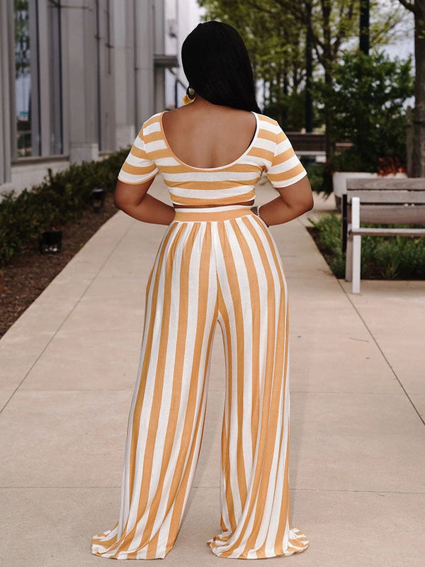 Striped Crop Top Wide Leg Pants Set