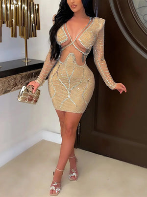 V-neck Rhinestone Mesh Dress