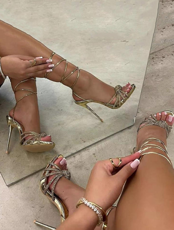 Women's Rhinestone Lace-up Pointed-toe Heels