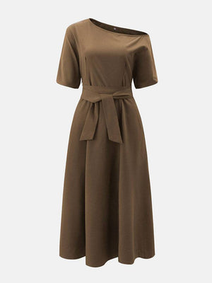 Oblique Neckline Half Sleeve Maxi Dress