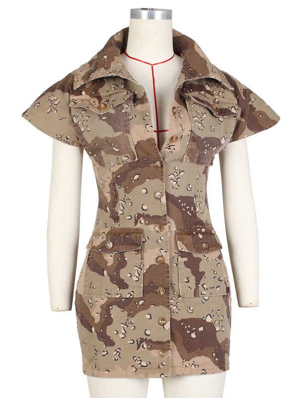 Camouflage Lapels Button Sleeveless Dress with Pockets