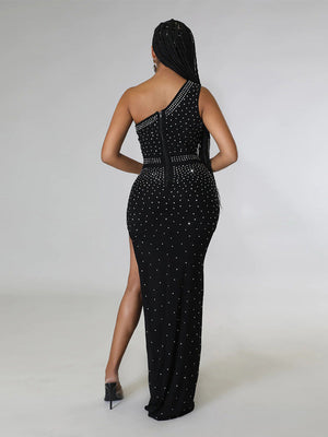 Rhinestone One Shoulder Slit Dress