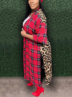 Leopard Plaid Patchwork Slit Cardigan