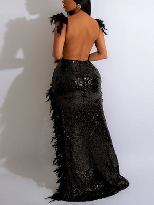 Sequin Feather Slit Party Dress