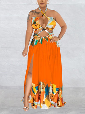 Print Halter Cutout Maxi Dress