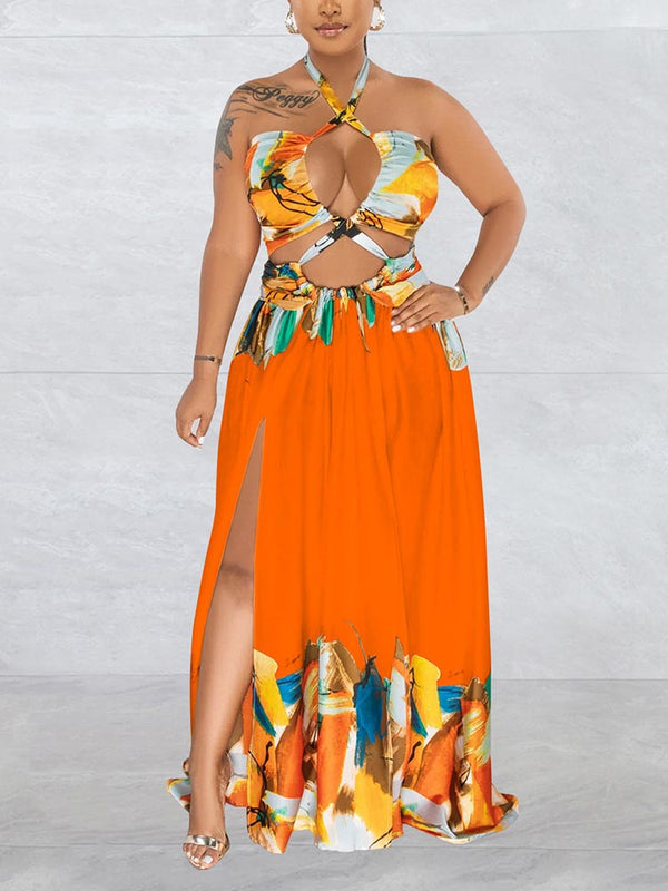 Print Halter Cutout Maxi Dress