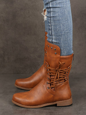 Lace-up PU Studded Boots