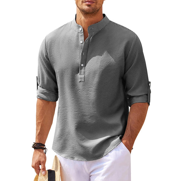 Men's Linen Henley Shirt Long Sleeve Casual Hippie Cotton Beach T Shirts Vertical Striped Hawaiian Shirts