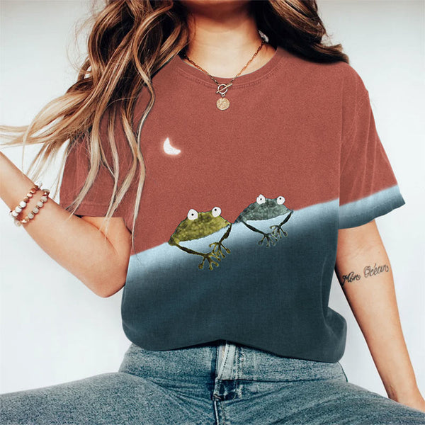 Simple Frog Color Block Print Short Sleeve Crew Neck T-shirt