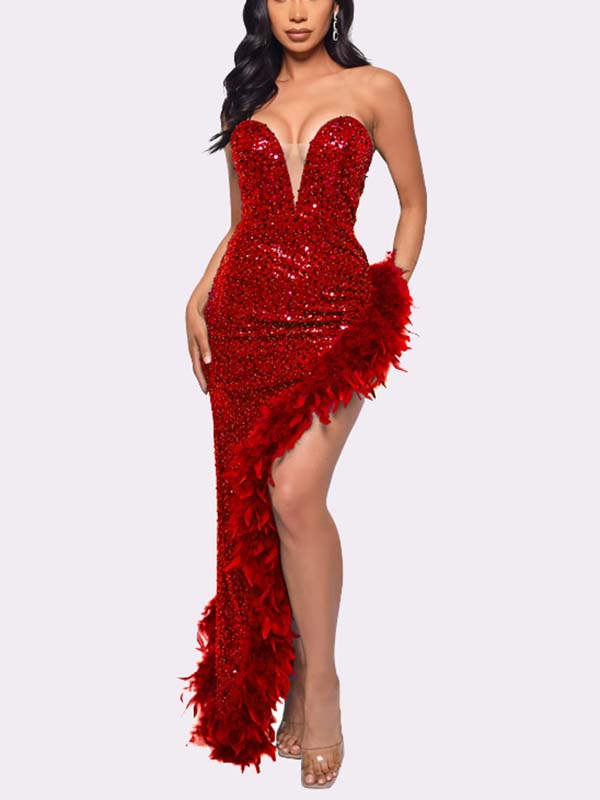 Sequin Feather Trimmed Dress