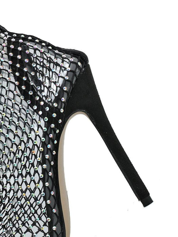 Fishnet Mesh Rhinestone Stiletto Heel Boots