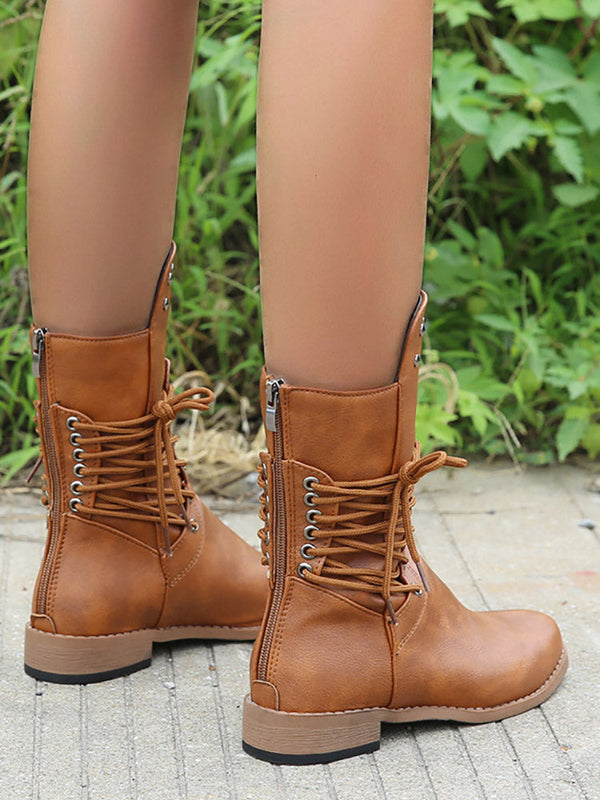 Lace-up PU Studded Boots