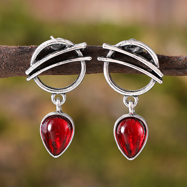 Vintage Teardrop Shaped Red Zircon Earrings