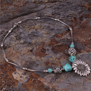 Sterling Silver Boho Sunflower Turquoise Necklace