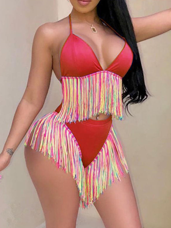 Tassel Design Backless Bikini Swimsuit