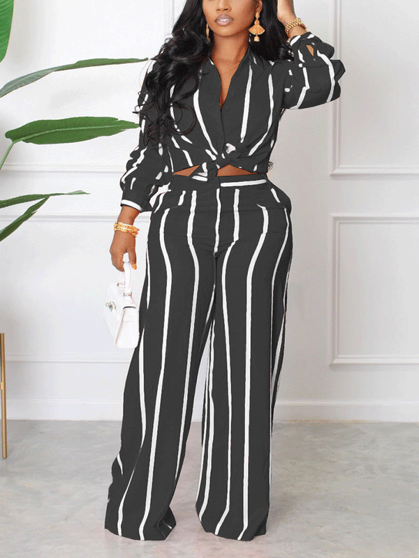 Striped Turndown Collar Long Sleeve Set