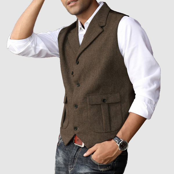 Men's Retro Flip Collar Herringbone Slim Fitting Vest