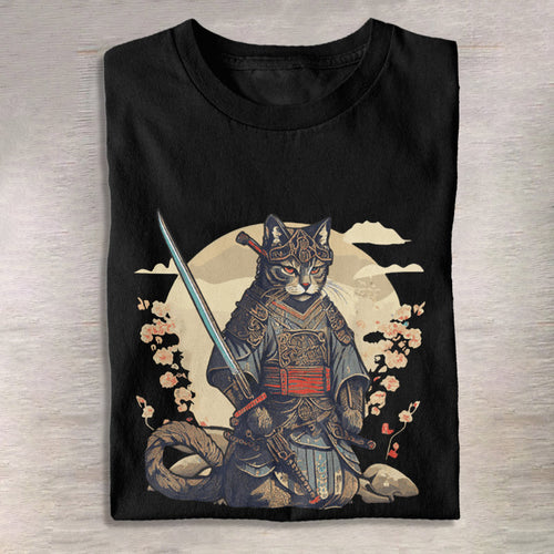 100% Cotton Funny Japanese Samurai Ninja Cat Print T-shirt