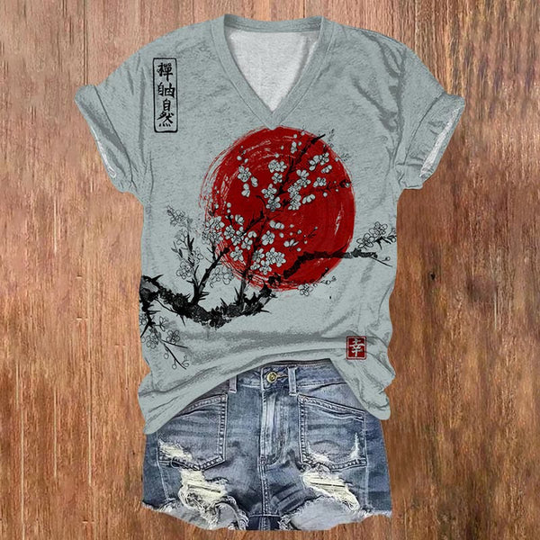 Women's Sunrise Japanese Art Print Casual V-neck T-shirt