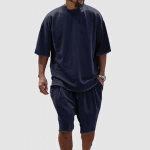 Men's Basic Casual Cotton Round Neck Shorts Two Piece Set