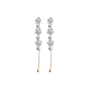 White Flower Pearl Tassel Earrings