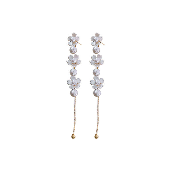 White Flower Pearl Tassel Earrings